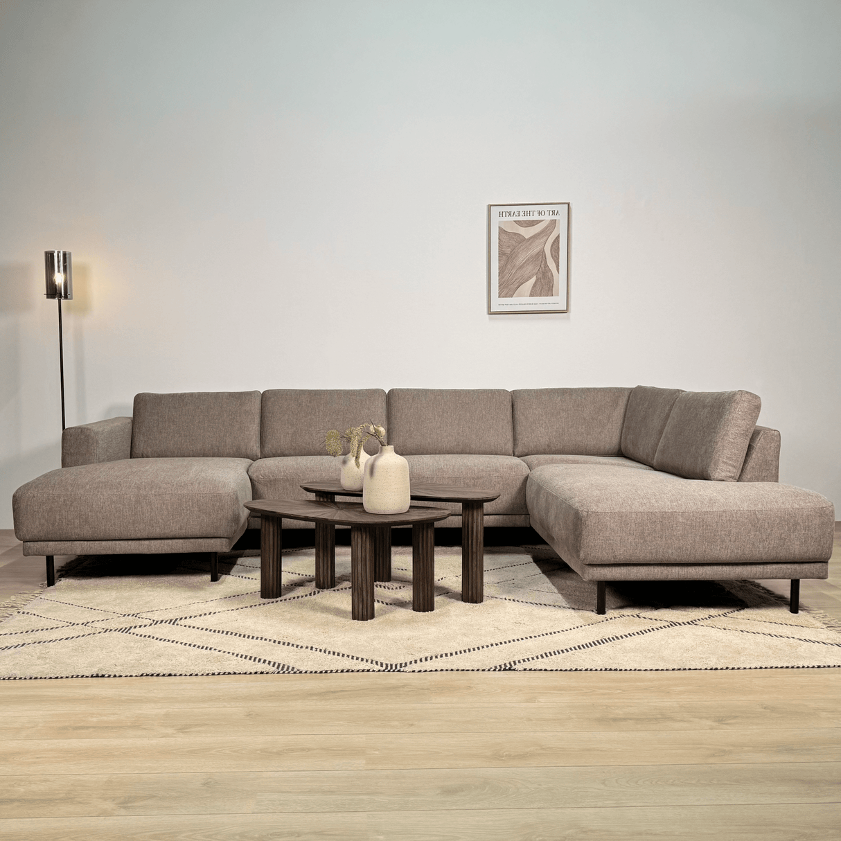 Modernes U-Sofa Ecksofa rechts taupe Stoff Aniko 310x197x78 cm