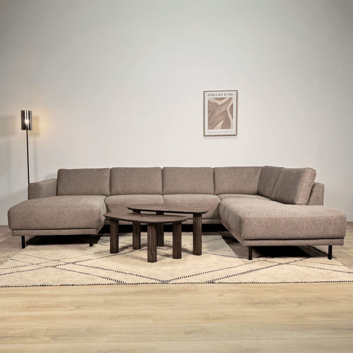 Modernes U-Sofa Ecksofa rechts taupe Stoff Aniko 310x197x78 cm