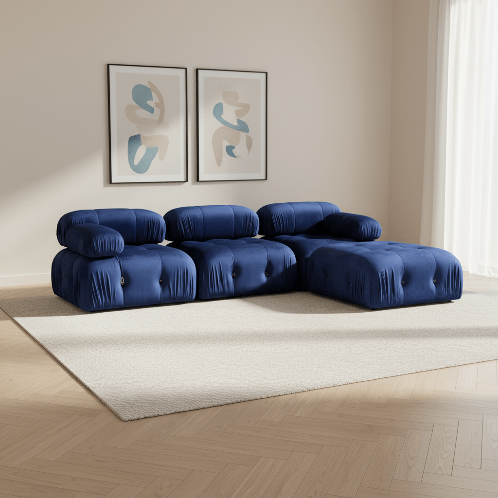 Modulaire XXL hoekbank Bubble met hocker - velvet blauw