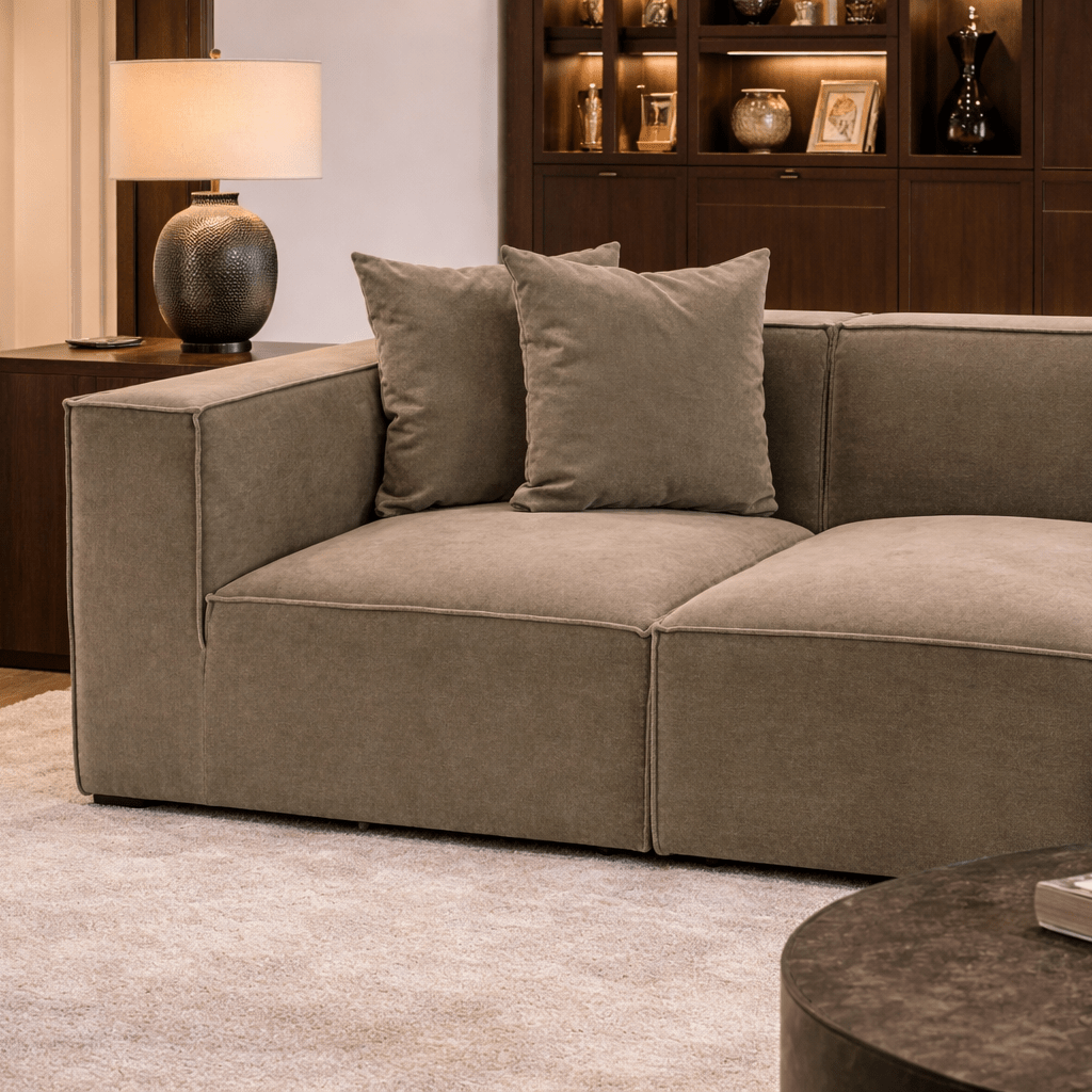 Modulares XXL-Ecksofa, taupefarbenes Leinen, 430 cm breit, Sora