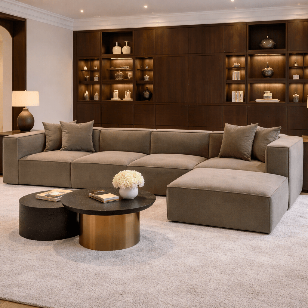 Modulares XXL-Ecksofa, taupefarbenes Leinen, 430 cm breit, Sora