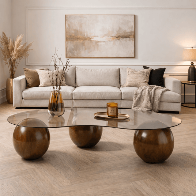 Salontafels - Organische salontafel brons getint glas walnoot bolpoten Sphere 120x70 cm - Dimehouse