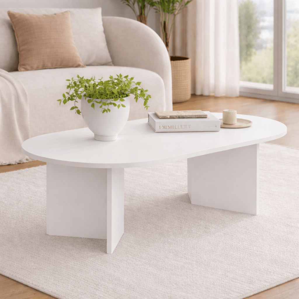 Couchtisch aus weißem Melamin in Bogenform Koda 119x60 cm