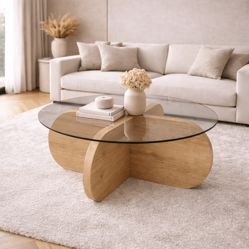 Runder Couchtisch Aris, Melamin in Eichenoptik und transparentes Glas, 75 cm