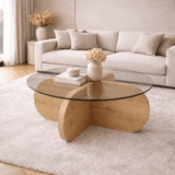 Runder Couchtisch Aris, Melamin in Eichenoptik und transparentes Glas, 75 cm