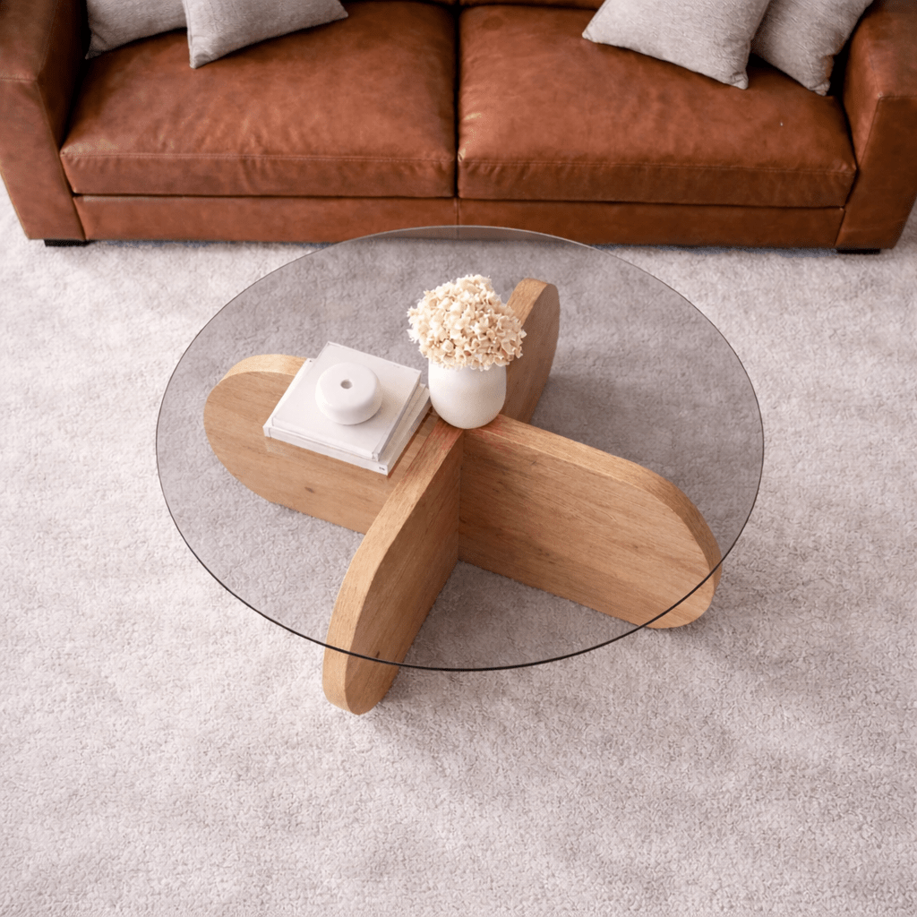 Runder Couchtisch Aris, Melamin in Eichenoptik und transparentes Glas, 75 cm