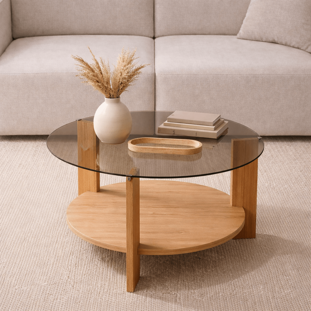 Salontafels - Ronde salontafel eiken melamine rookglas Ø75 cm - Cairo - Dimehouse