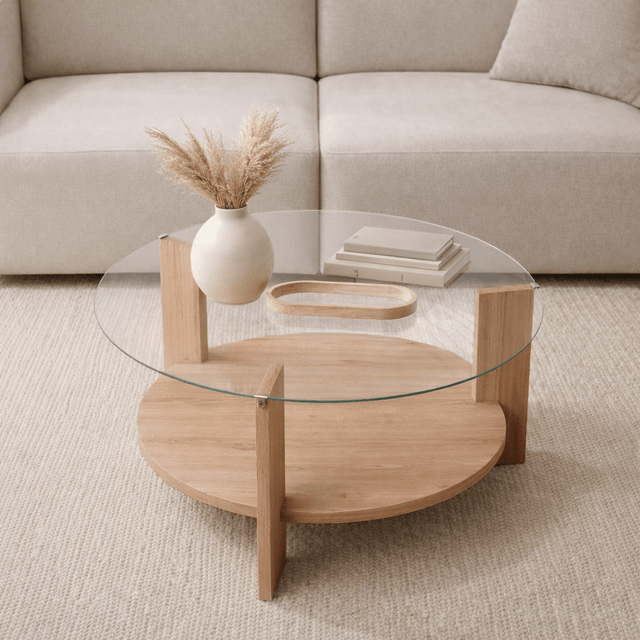 Salontafels - Ronde salontafel eiken melamine transparant glas Ø75 cm - Cairo - Dimehouse