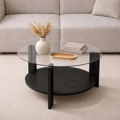 Salontafels - Ronde salontafel zwart melamine transparant glas Ø75 cm - Cairo - Dimehouse