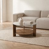 Salontafels - Ronde salontafel walnoot melamine transparant glas Ø75 cm - Cairo - Dimehouse