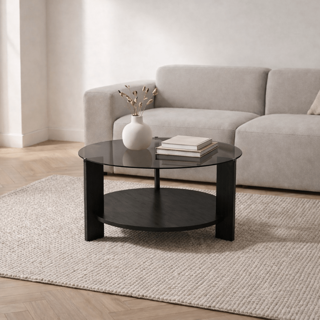 Salontafels - Ronde salontafel zwart melamine rookglas Ø75 cm - Cairo - Dimehouse