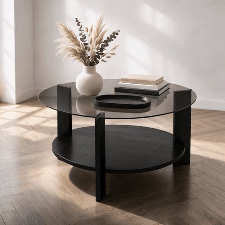 Salontafels - Ronde salontafel zwart melamine rookglas Ø75 cm - Cairo - Dimehouse