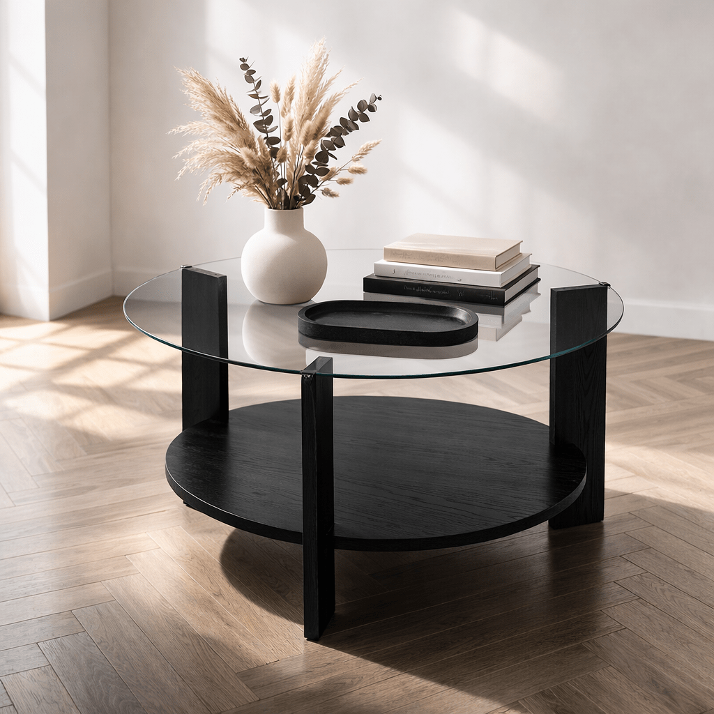 Salontafels - Ronde salontafel zwart melamine transparant glas Ø75 cm - Cairo - Dimehouse