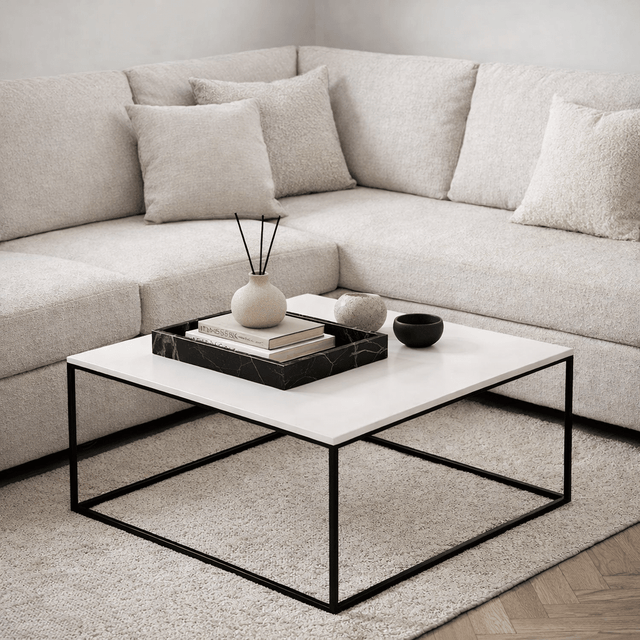 Salontafels - Vierkante salontafel wit Marmerlook - 75x75 cm - Pola - Dimehouse