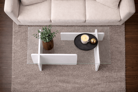 Salontafels - Salontafel Wit Melamine Glas Opal 105x65x30 cm - Dimehouse