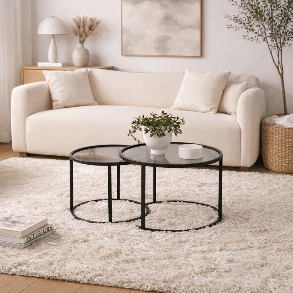 Couchtische - Couchtisch 2er-Set, rundes Glas - schwarzer Rahmen - 42 und 60 cm - Barlin - Dimehouse