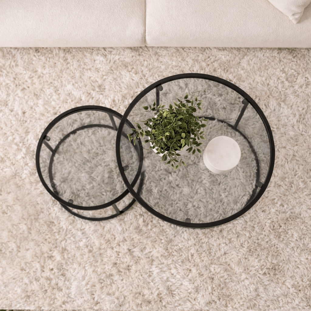 Couchtische - Couchtisch 2er-Set, rundes Glas - schwarzer Rahmen - 42 und 60 cm - Barlin - Dimehouse