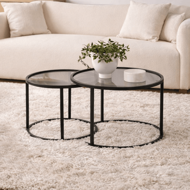 Couchtische - Couchtisch 2er-Set, rundes Glas - schwarzer Rahmen - 42 und 60 cm - Barlin - Dimehouse