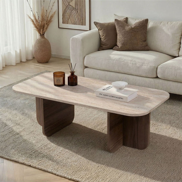 Salontafels - Salontafel walnoot melamine met travertin top - Japandi - 120x60 cm - Akira - Dimehouse