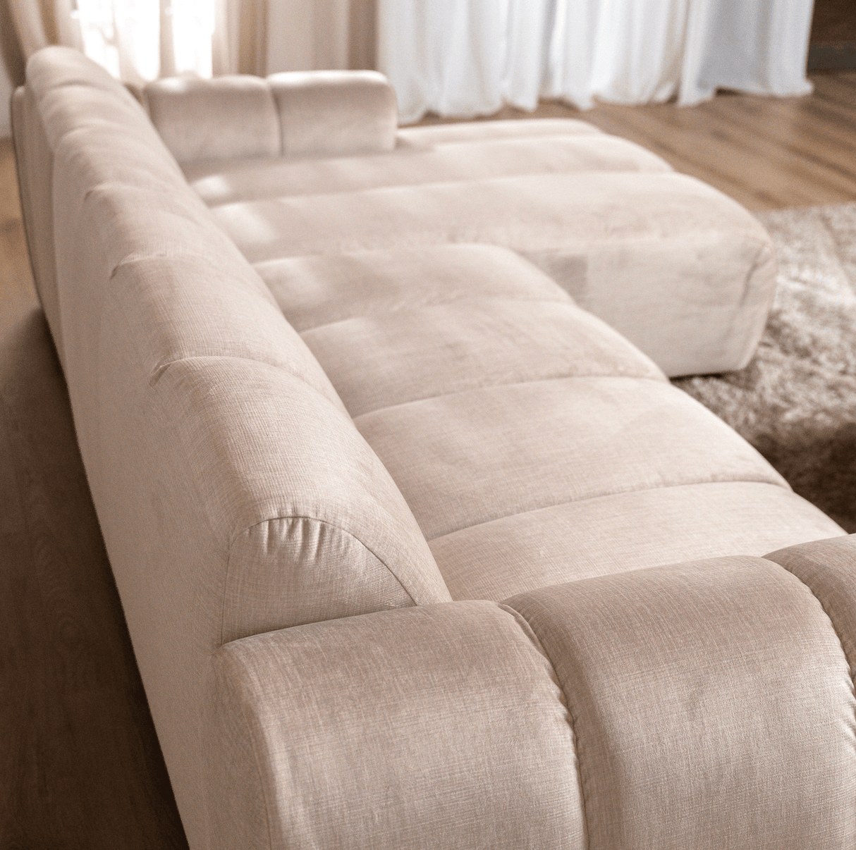 Banken-Hoekbank met lounge beige velvet structuurstof - strepen - rechts - Brix-Dimehouse