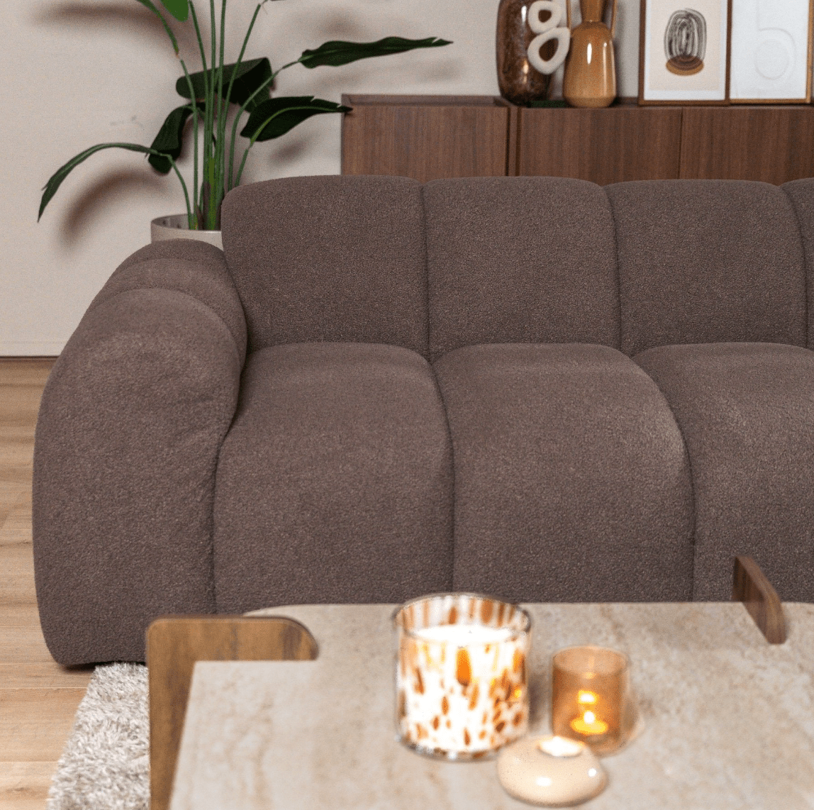 Banken-Hoekbank met lounge zacht bruin bouclé stof - strepen - rechts - Brix-Dimehouse