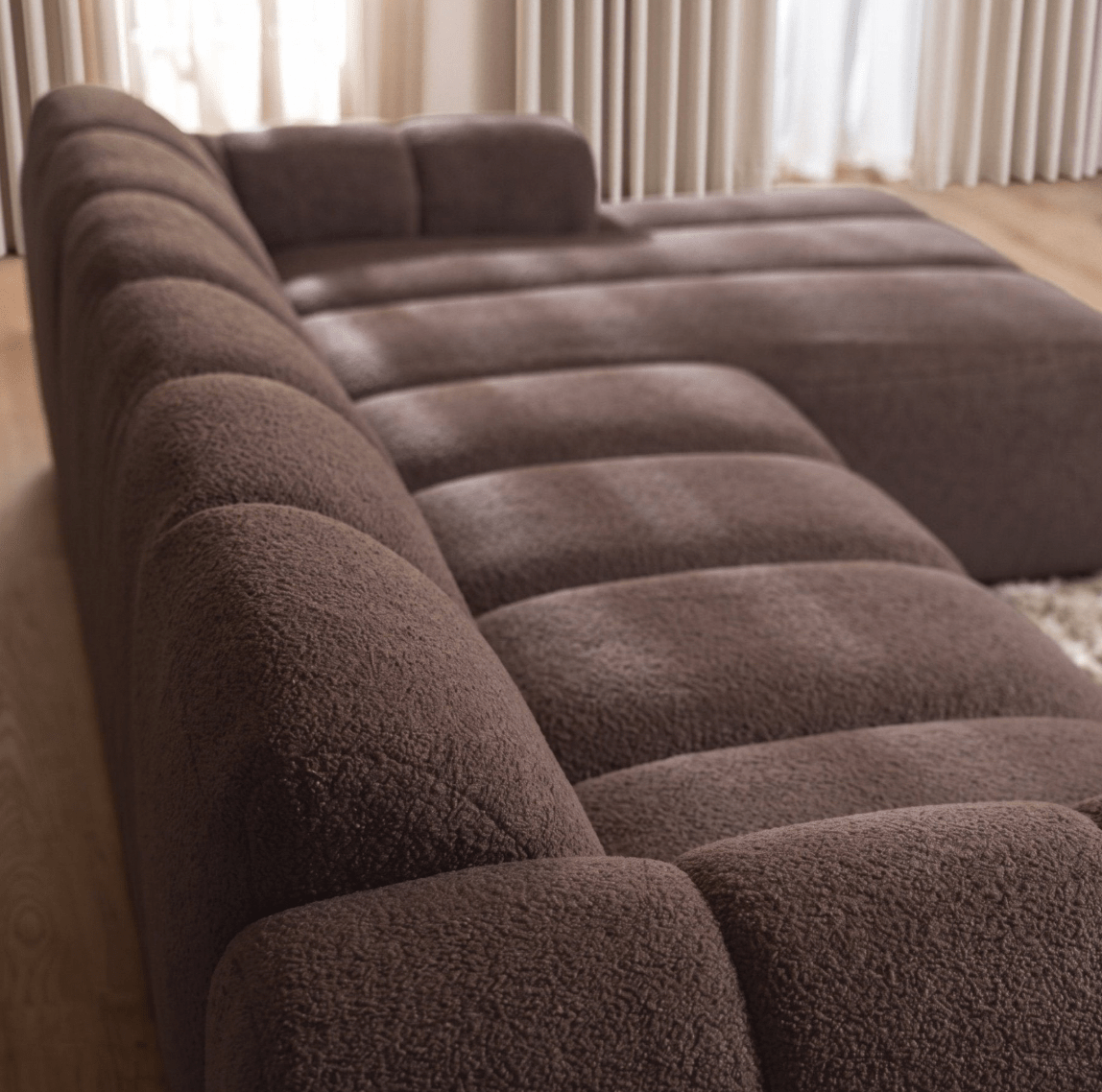 Banken-Hoekbank met lounge zacht bruin bouclé stof - strepen - rechts - Brix-Dimehouse