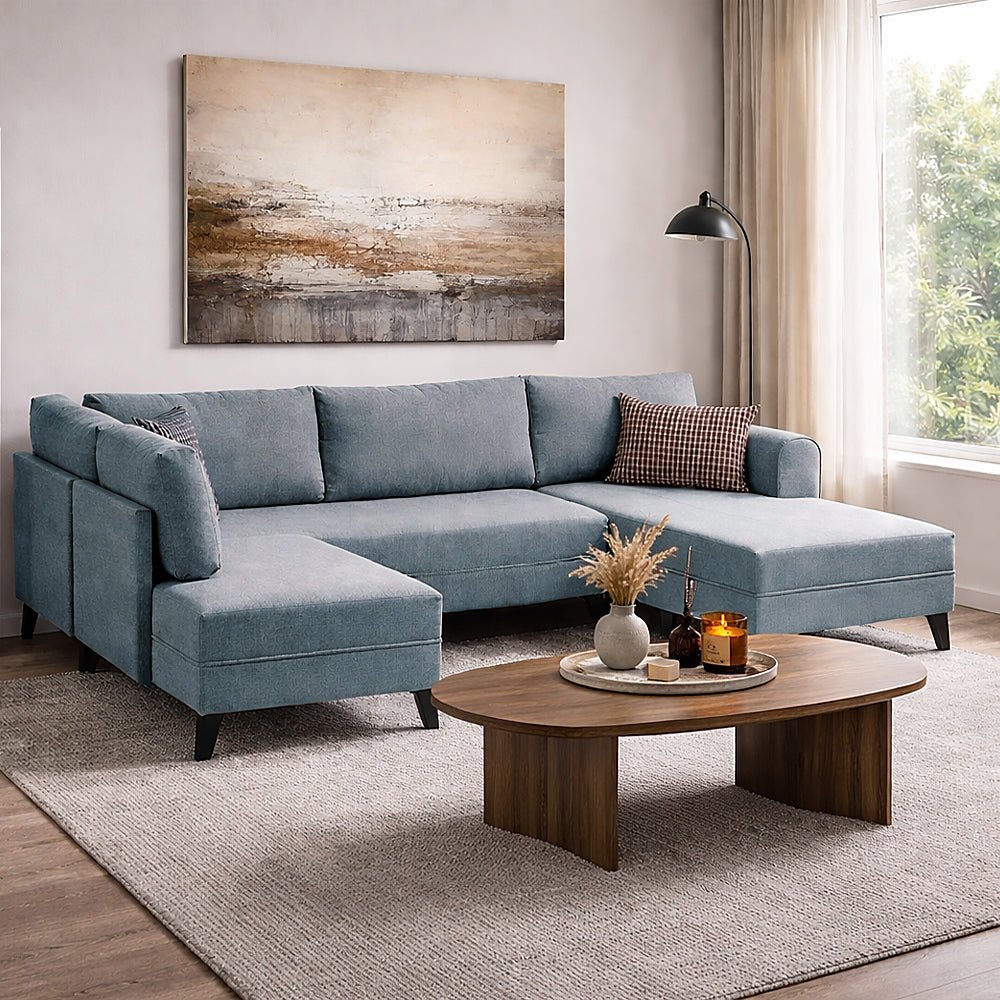 Schlafsofa blauer Stoff – U-Sofa – XXL 300 × 202 × 152 cm – Belen