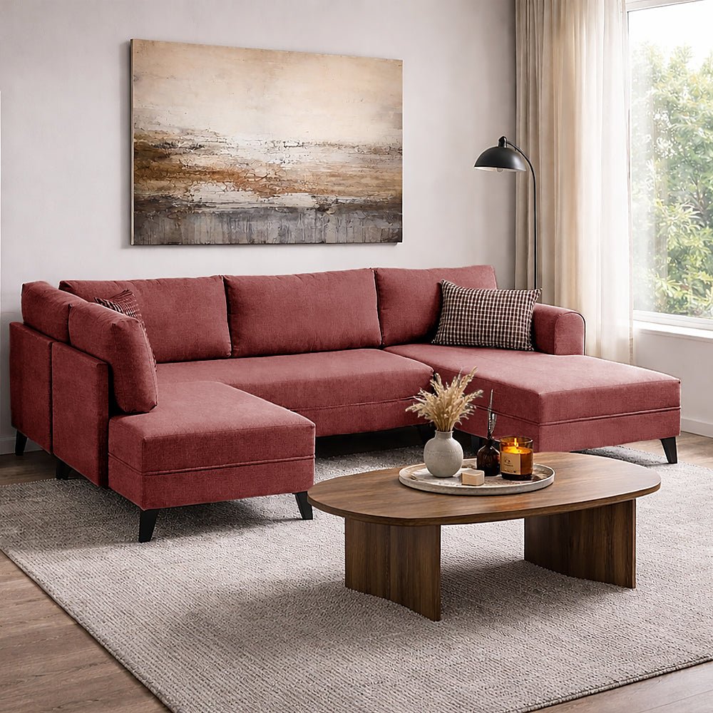 Schlafsofa roter Stoff – U-Sofa – XXL 300 × 202 × 152 cm – Belen