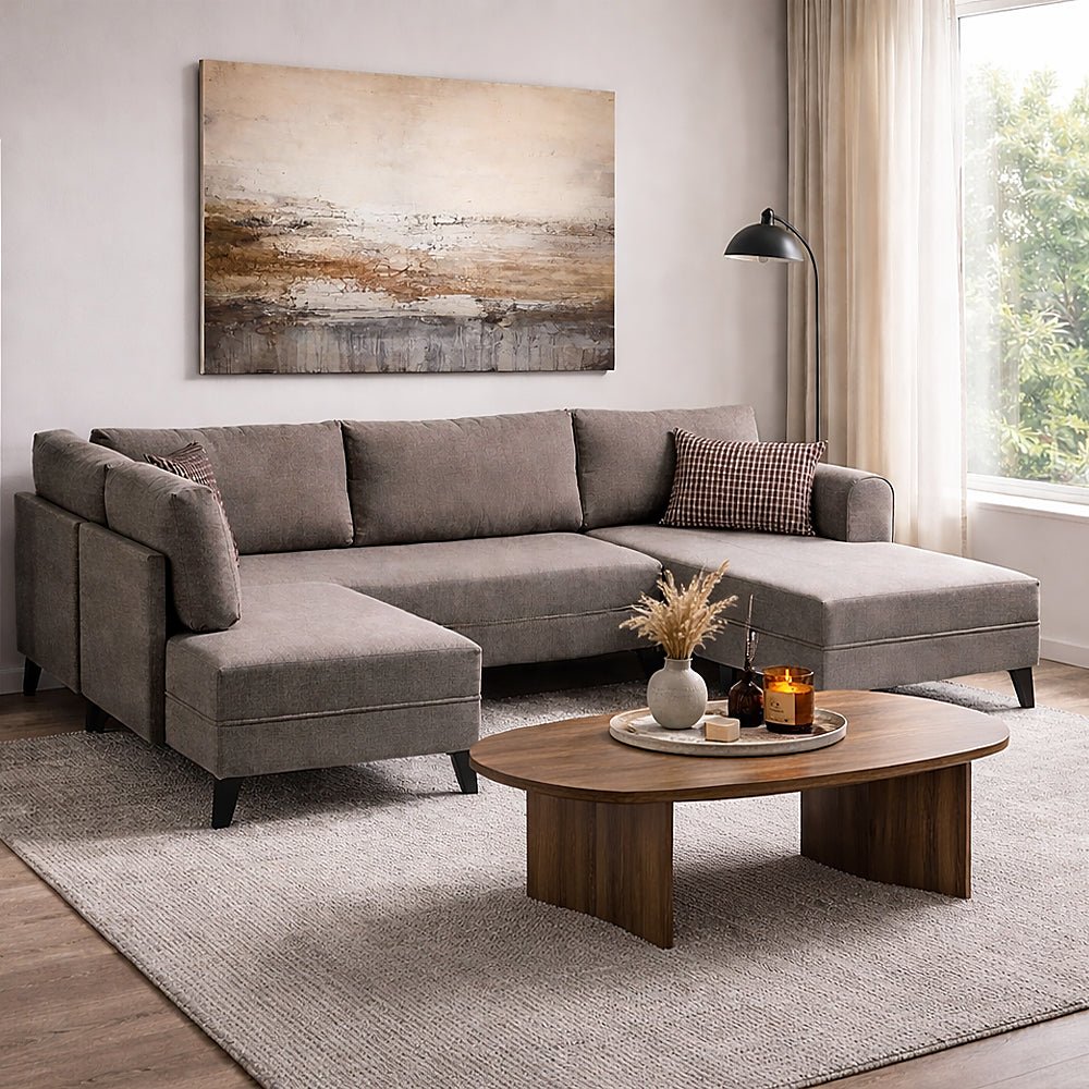 Schlafsofa taupefarbener Stoff – U-Sofa – XXL 300 × 202 × 152 cm – Belen