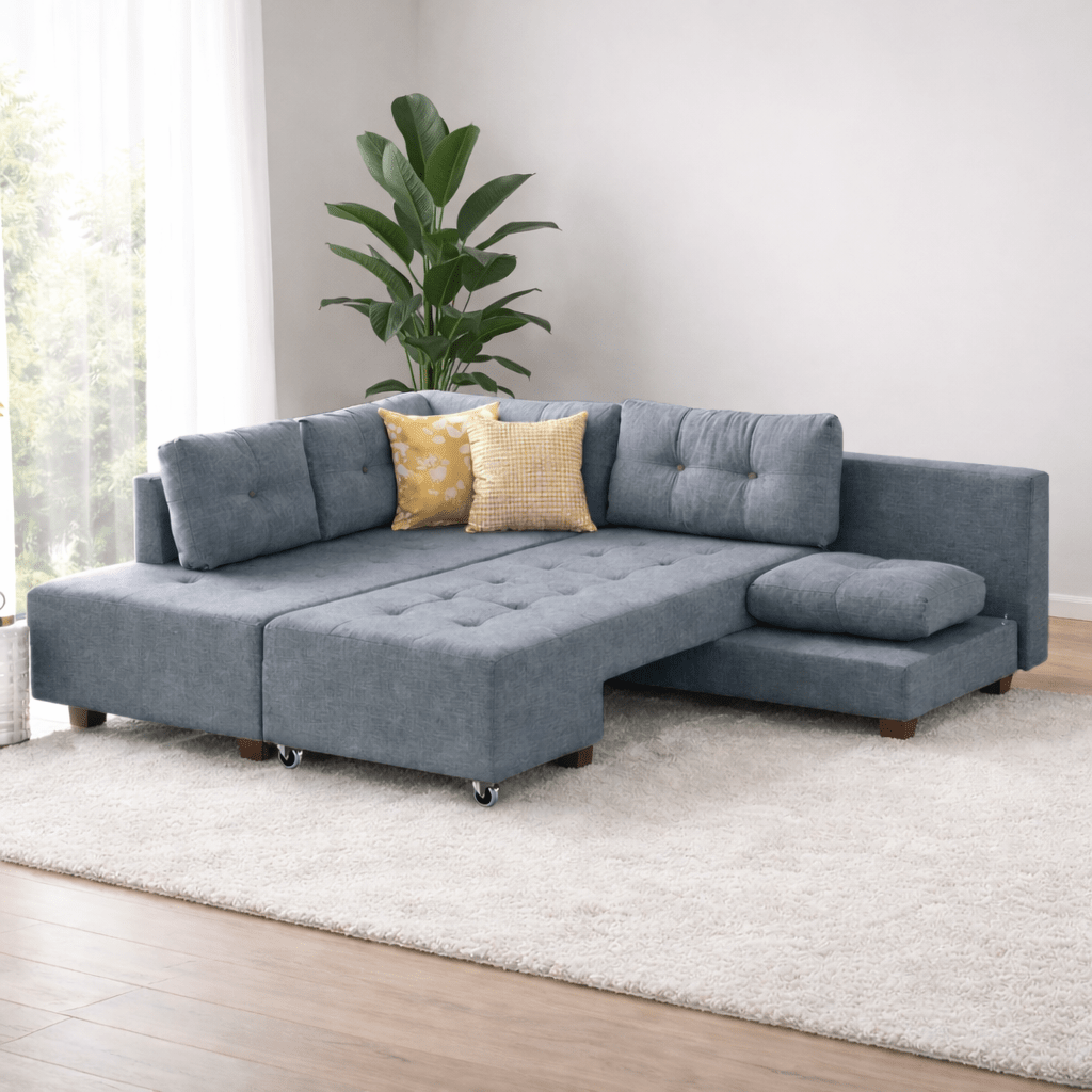 Banken - Slaapbank lichtblauw stof - XL 280x206 cm - met wielen - Links - Manama - Dimehouse