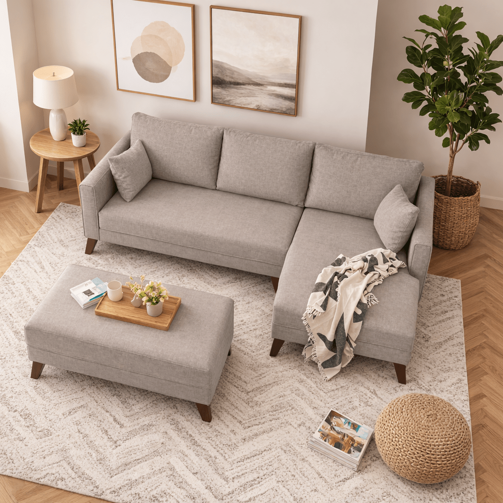 Schlafsofa aus champagnerfarbenem Stoff - 2-Sitzer - inklusive Hocker - rechtsseitig - Bella