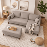 Schlafsofa aus champagnerfarbenem Stoff - 2-Sitzer - inklusive Hocker - rechtsseitig - Bella