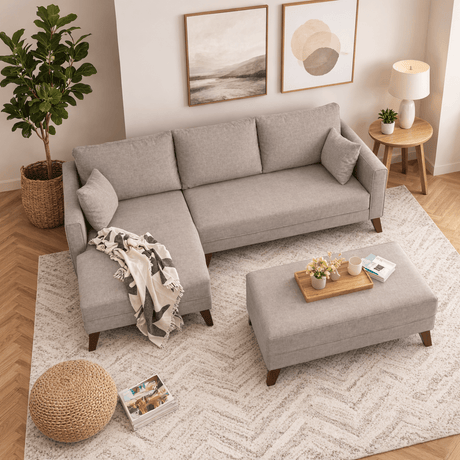 Schlafsofa aus champagnerfarbenem Stoff - 2-Sitzer - inklusive Hocker - linksseitig - Bella