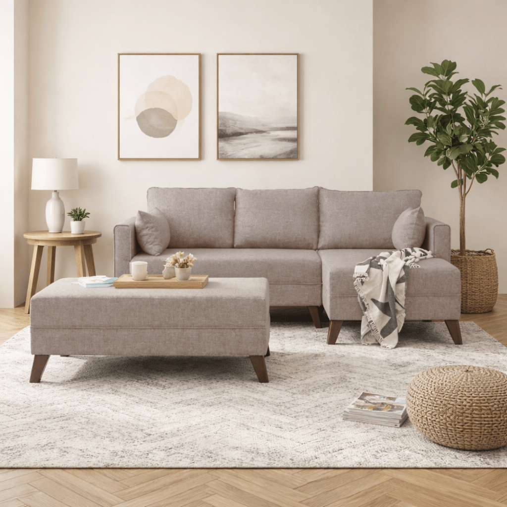 Schlafsofa aus champagnerfarbenem Stoff - 2-Sitzer - inklusive Hocker - rechtsseitig - Bella