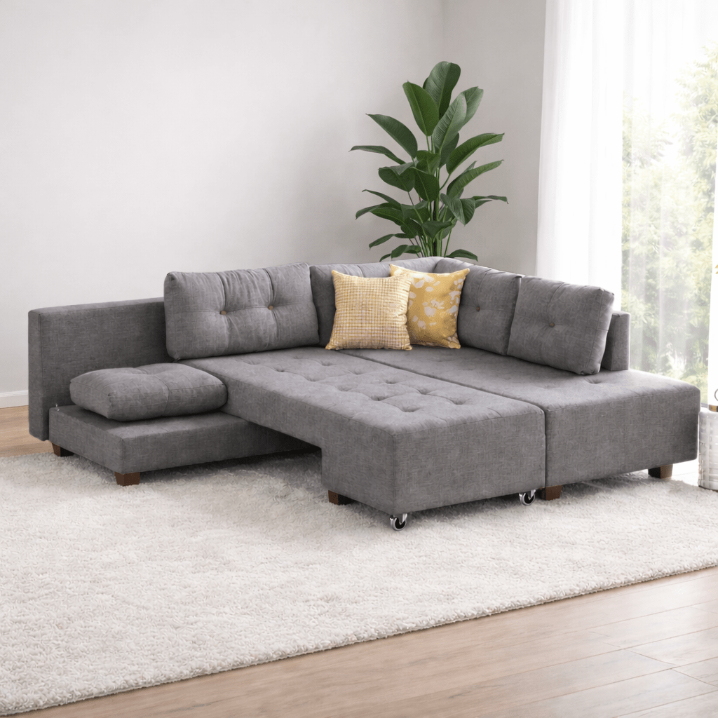 Banken - Slaapbank grijs stof - XL 280x206 cm - met wielen - Rechts - Manama - Dimehouse