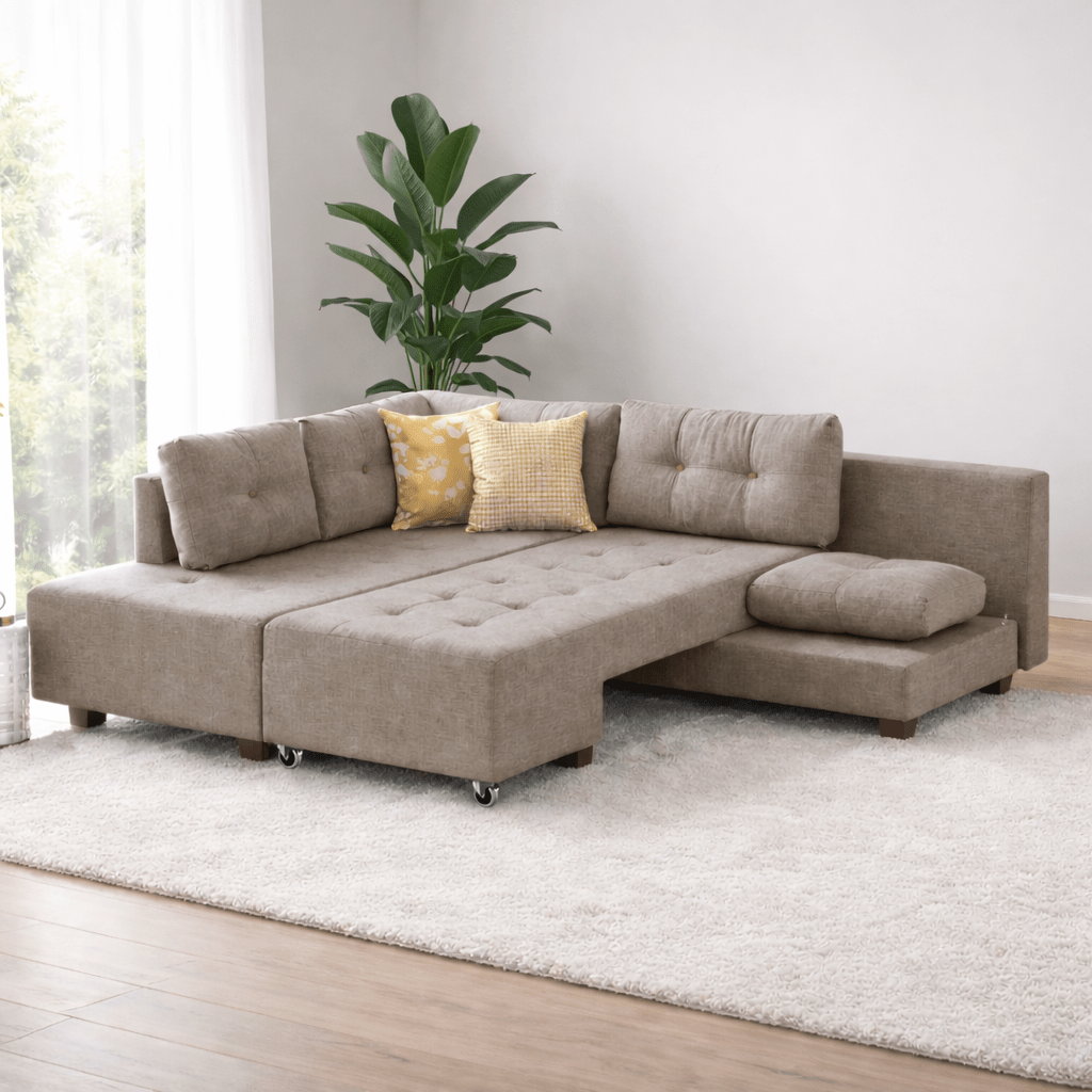 Banken - Slaapbank taupe stof - XL 280x206 cm - met wielen - Links - Manama - Dimehouse