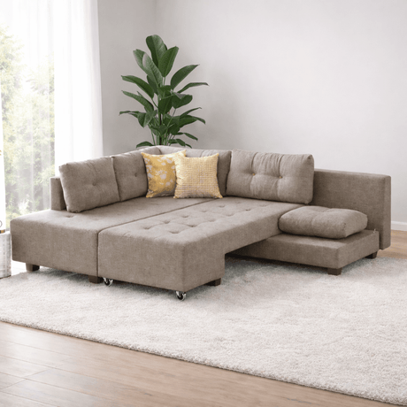 Banken - Slaapbank taupe stof - XL 280x206 cm - met wielen - Links - Manama - Dimehouse