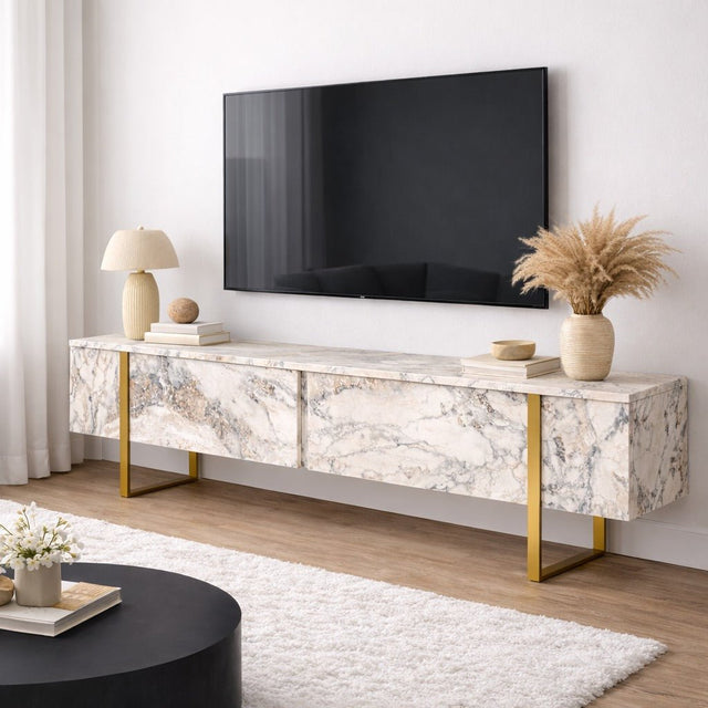 TV Meubels - TV Meubel Marmer Melamine Gouden Frame Blitz 50x180x29,5 cm - Dimehouse