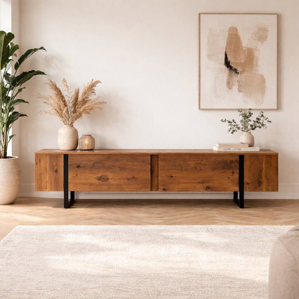 TV Meubels - TV Meubel Naturel Melamine Zwart Frame 180x50x29,5 cm - Blitz - Dimehouse
