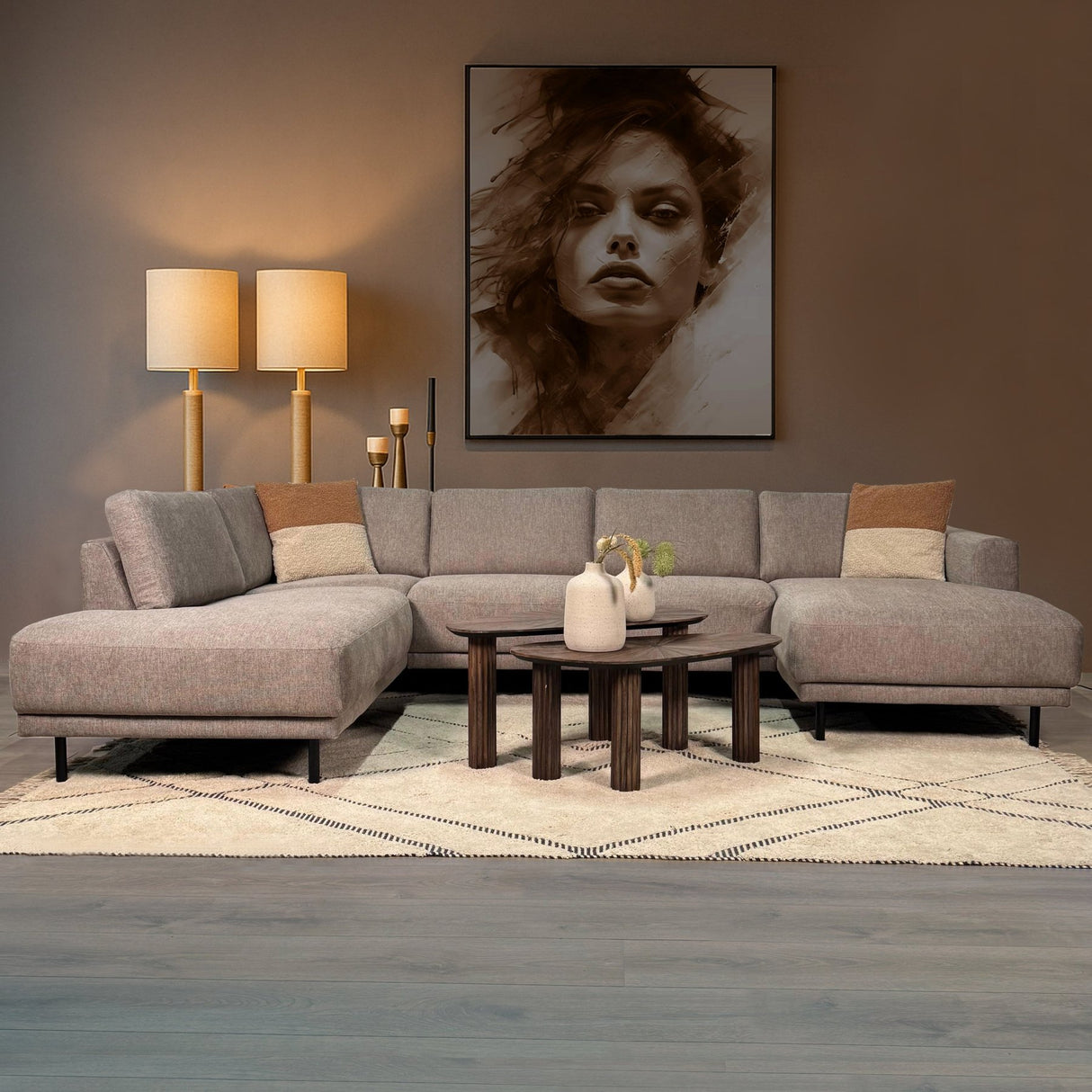 Modernes U-Sofa Ecksofa links, taupe Stoff Aniko, 310x197x78 cm