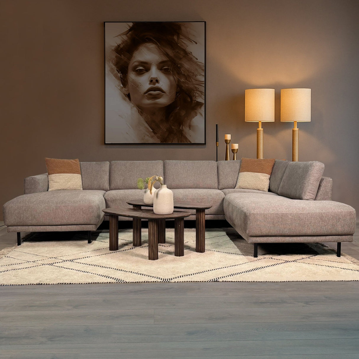 Modernes U-Sofa Ecksofa rechts taupe Stoff Aniko 310x197x78 cm