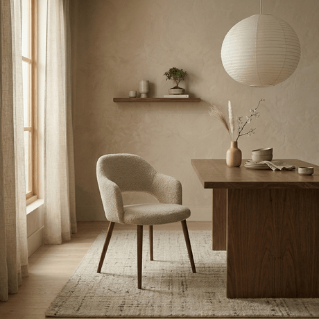 Japandi Esszimmerstuhl Sandfarben Bouclé Aki - Walnussrahmen - mit Armlehne