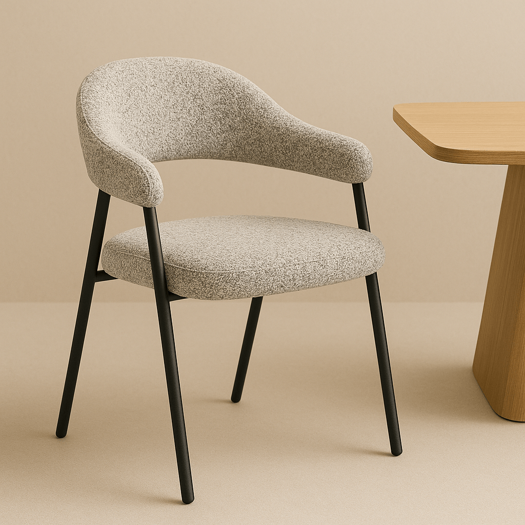 Komplettset: Lea Esstisch Travertin + 4x Lisa Stühle Bouclé Grau 