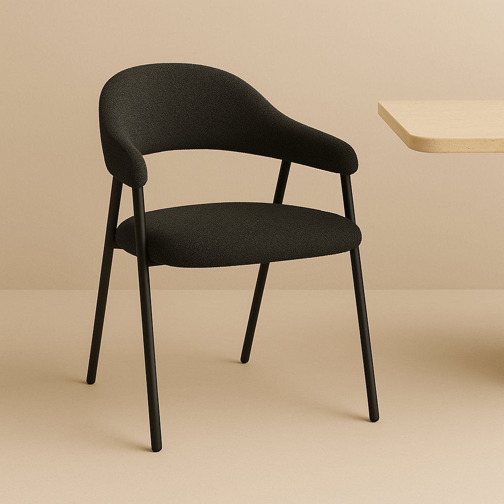 Komplettset: Lea Esstisch Grau Travertin + 4x Lisa Stühle Bouclé Schwarz 