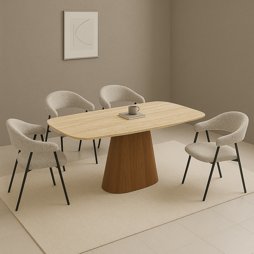 Komplettset: Lea Esstisch Travertin + 4x Lisa Stühle Bouclé Grau 