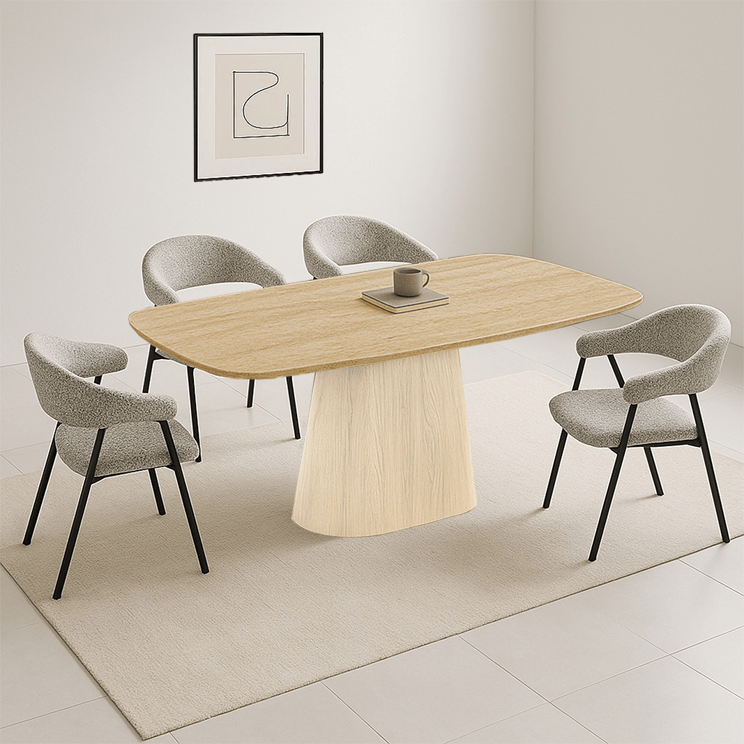 Komplettes Möbelset: Lea Esstisch Sintered Stone Marmorlook Travertin - Eichenrahmen + 4x Lisa Esszimmerstühle Bouclé Grau 