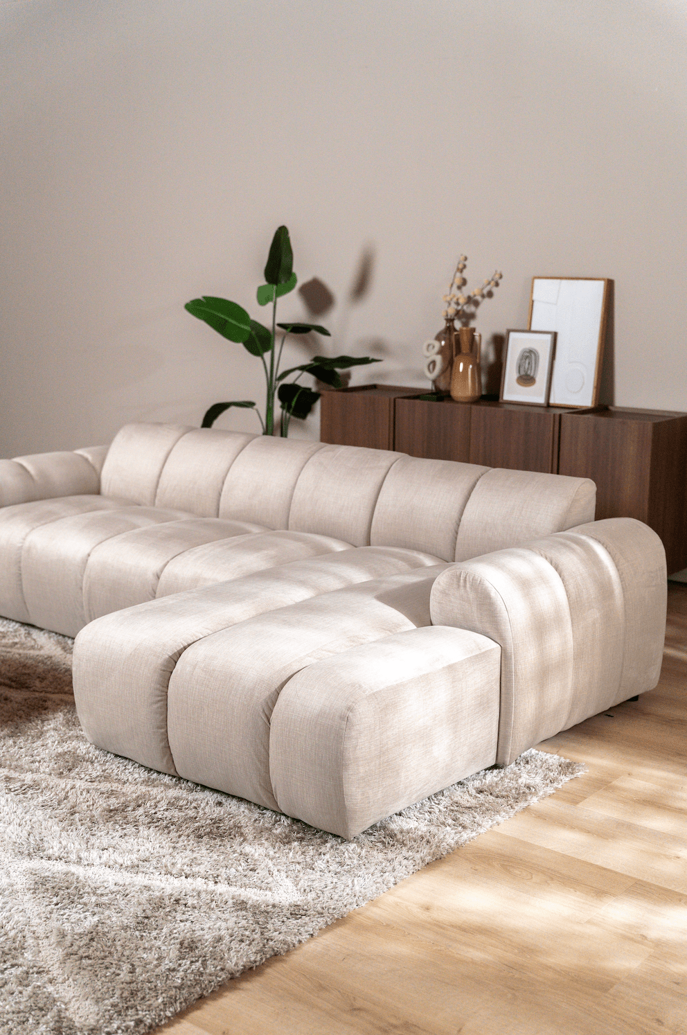 Banken-Hoekbank met lounge beige velvet structuurstof - strepen - rechts - Brix-Dimehouse
