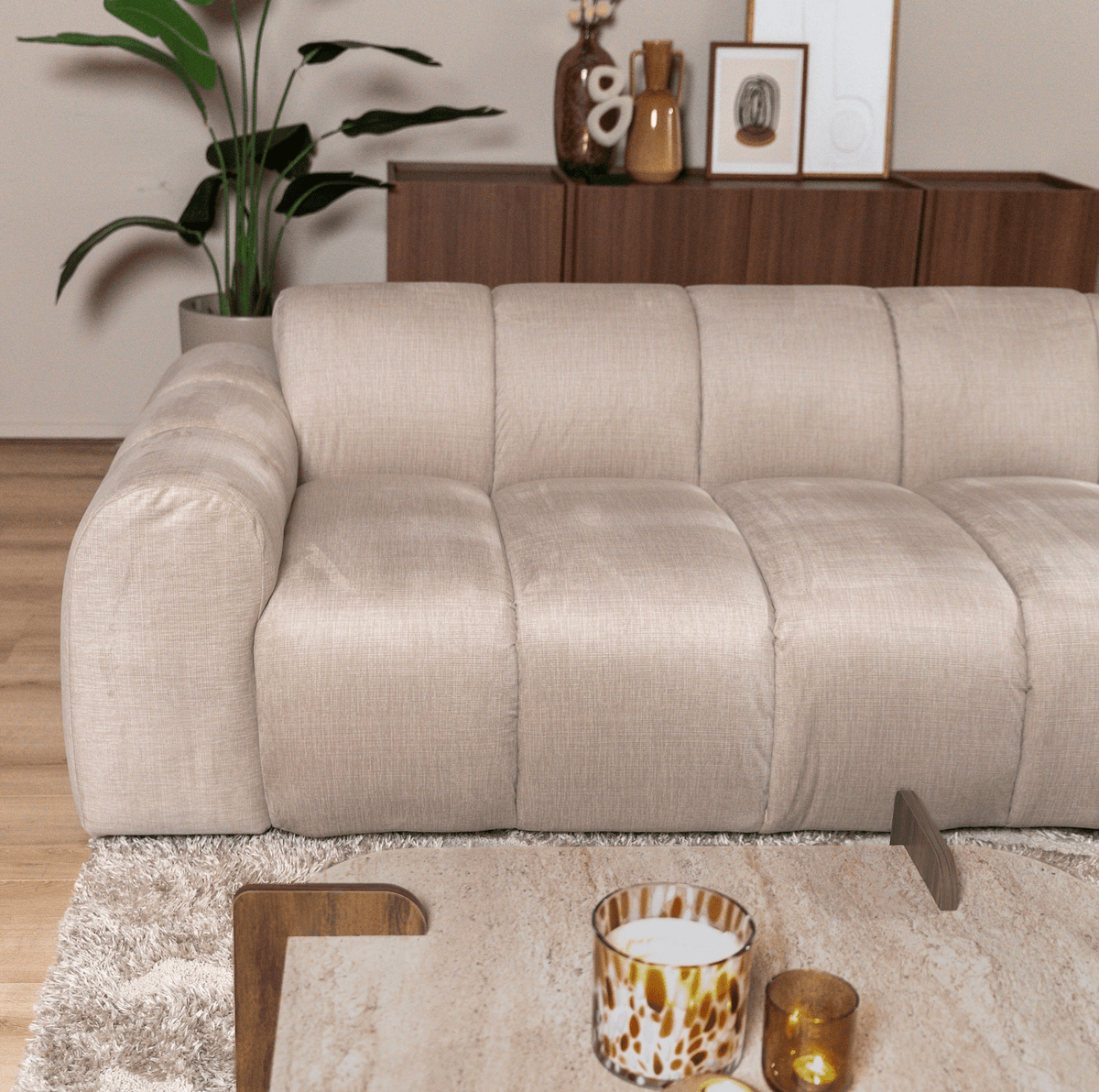 Banken-Hoekbank met lounge beige velvet structuurstof - strepen - rechts - Brix-Dimehouse