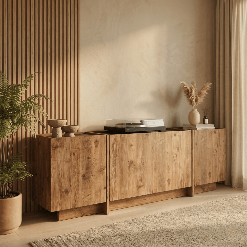 Sideboard Japandi Eichenoptik Melamin Anthrazit Lowen 180x45x80 cm