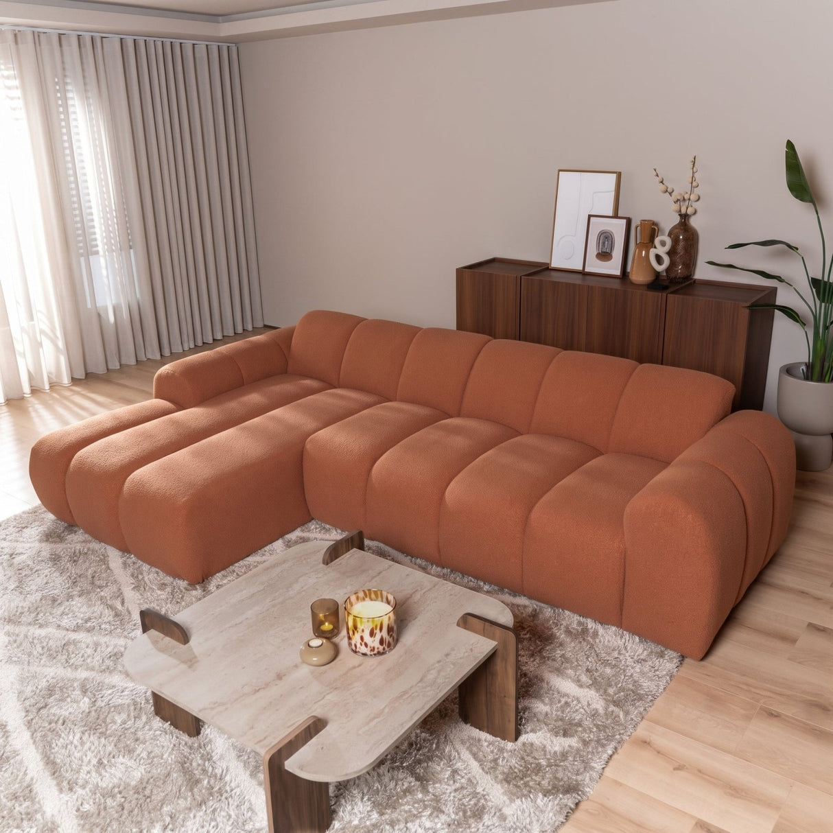Banken-Hoekbank met lounge koper bouclé stof - strepen - links - Brix-Dimehouse